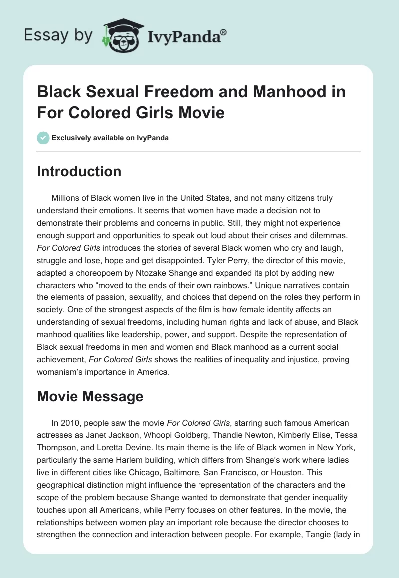 Black Sexual Freedom and Manhood in "For Colored Girls" Movie. Page 1