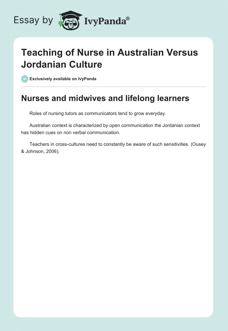 Teaching of Nurse in Australian Versus Jordanian Culture. Page 1