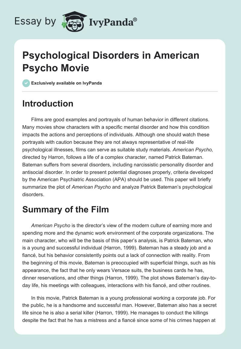 Psychological Disorders in "American Psycho" Movie. Page 1