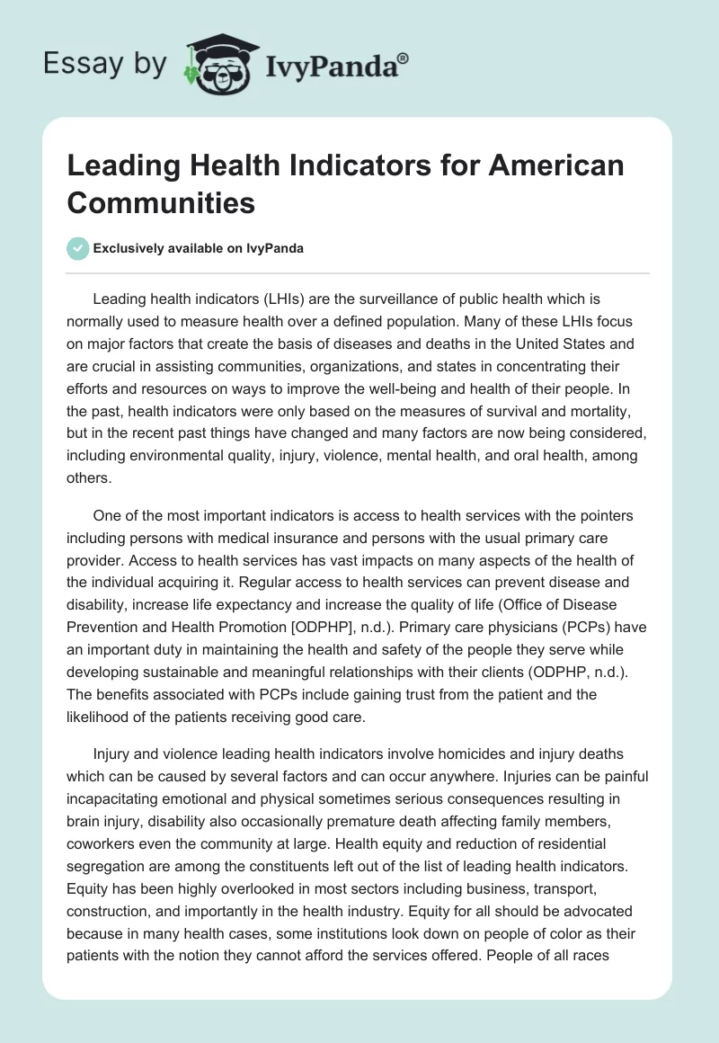 Leading Health Indicators for American Communities. Page 1