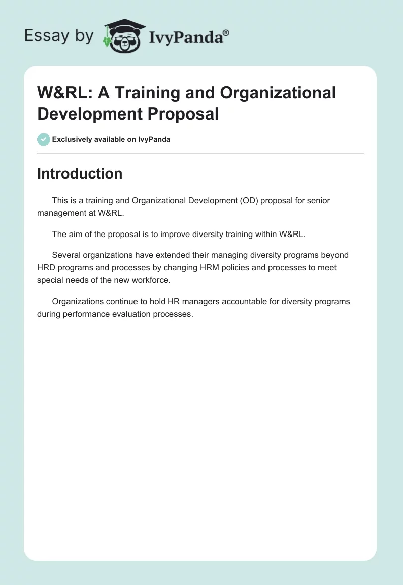 W&RL: A Training and Organizational Development Proposal. Page 1