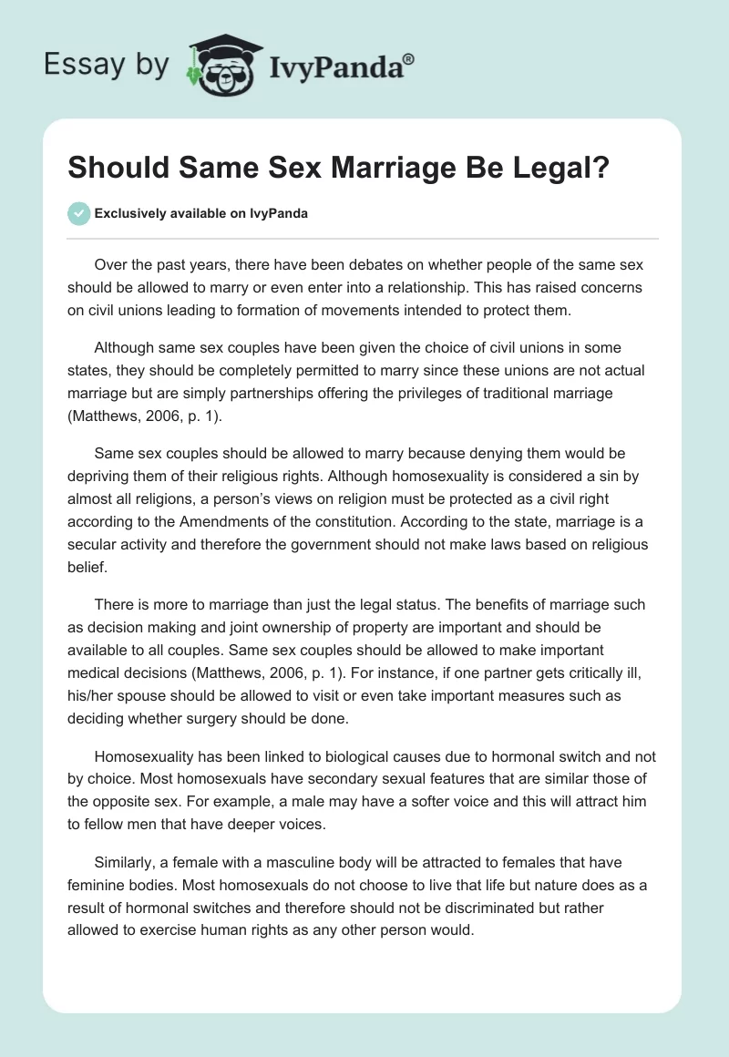 Should Same Sex Marriage Be Legal?. Page 1
