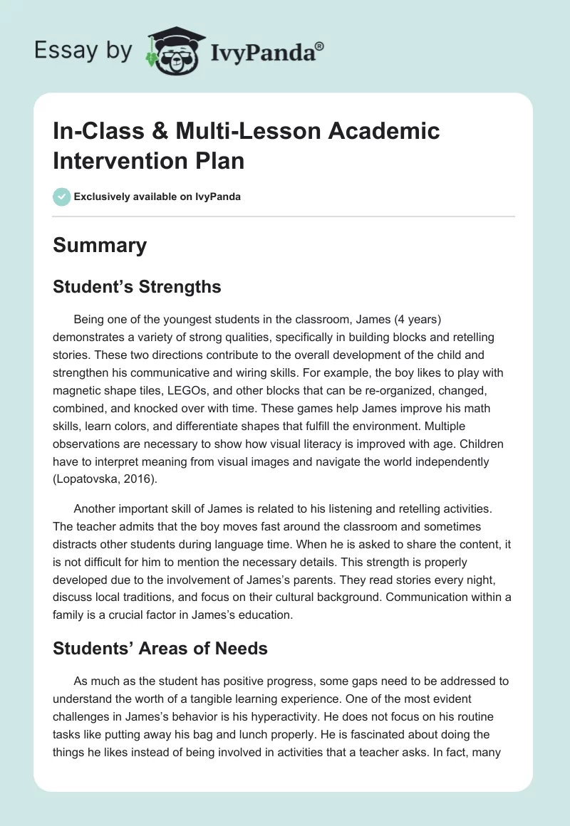 In-Class & Multi-Lesson Academic Intervention Plan. Page 1