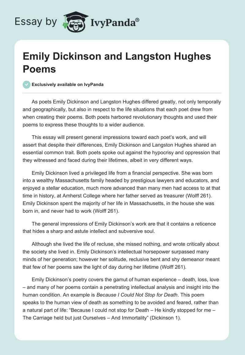 Emily Dickinson and Langston Hughes Poems. Page 1