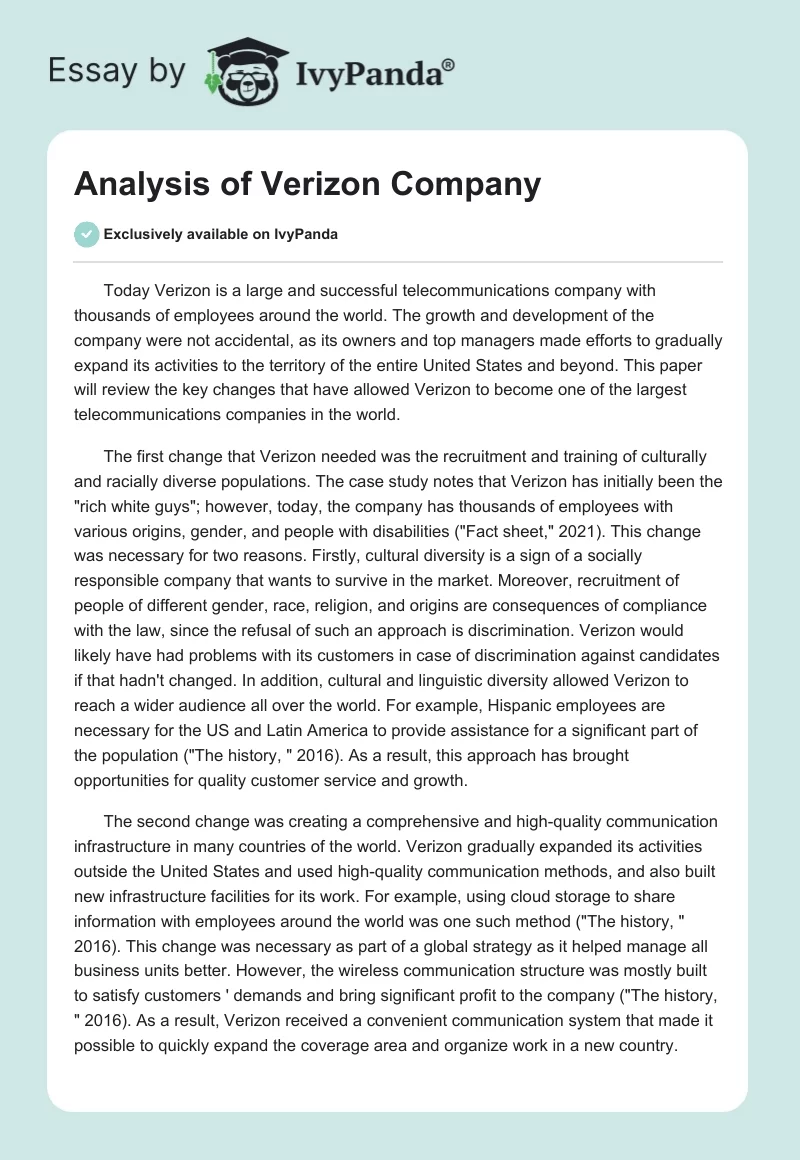 Analysis of Verizon Company. Page 1