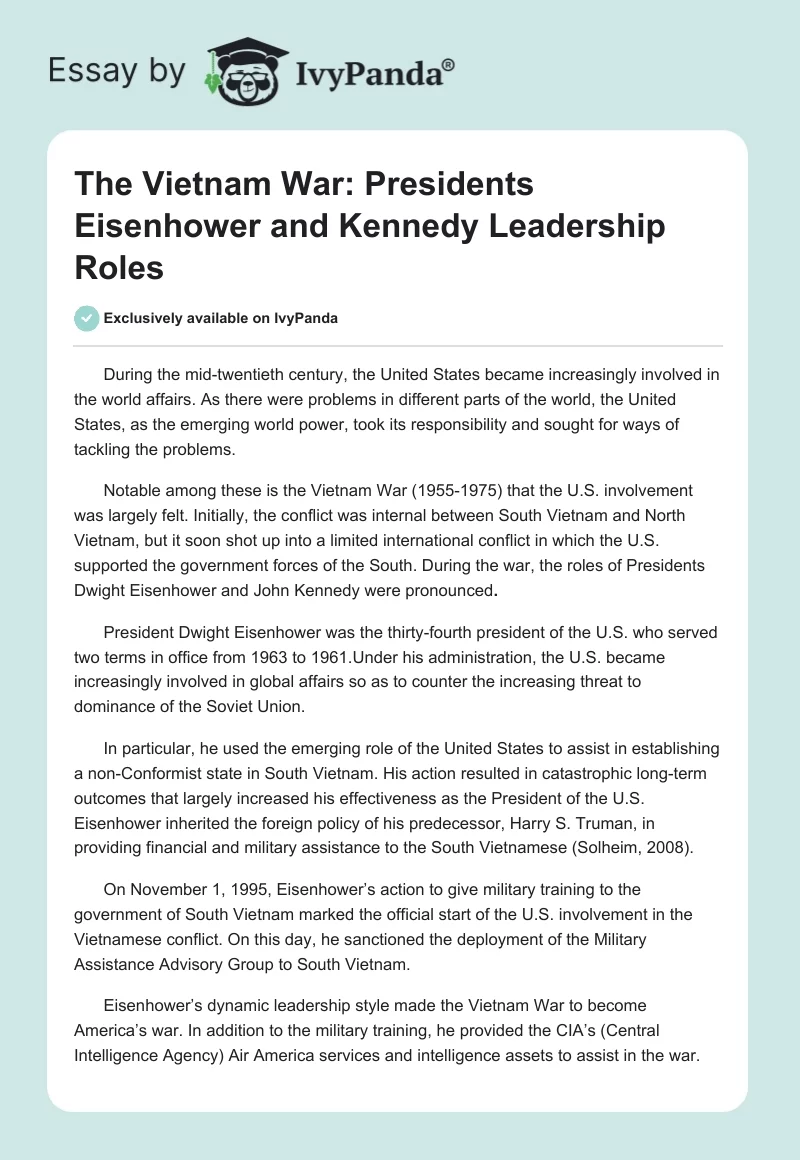 The Vietnam War: Presidents Eisenhower and Kennedy Leadership Roles. Page 1