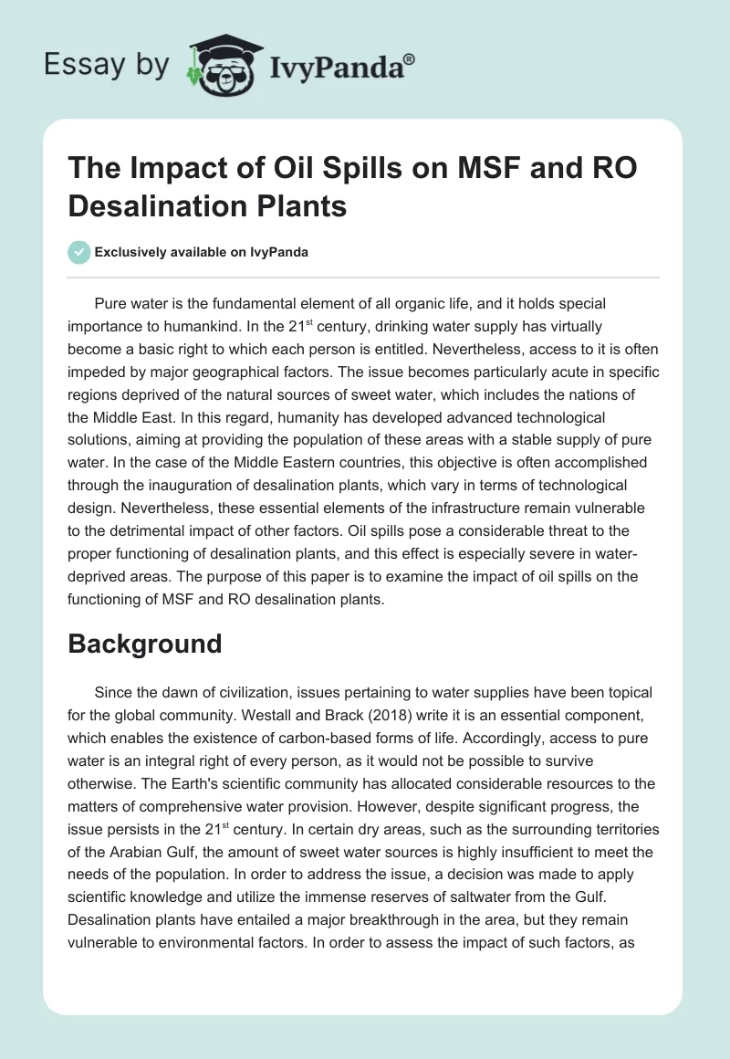 The Impact of Oil Spills on MSF and RO Desalination Plants. Page 1