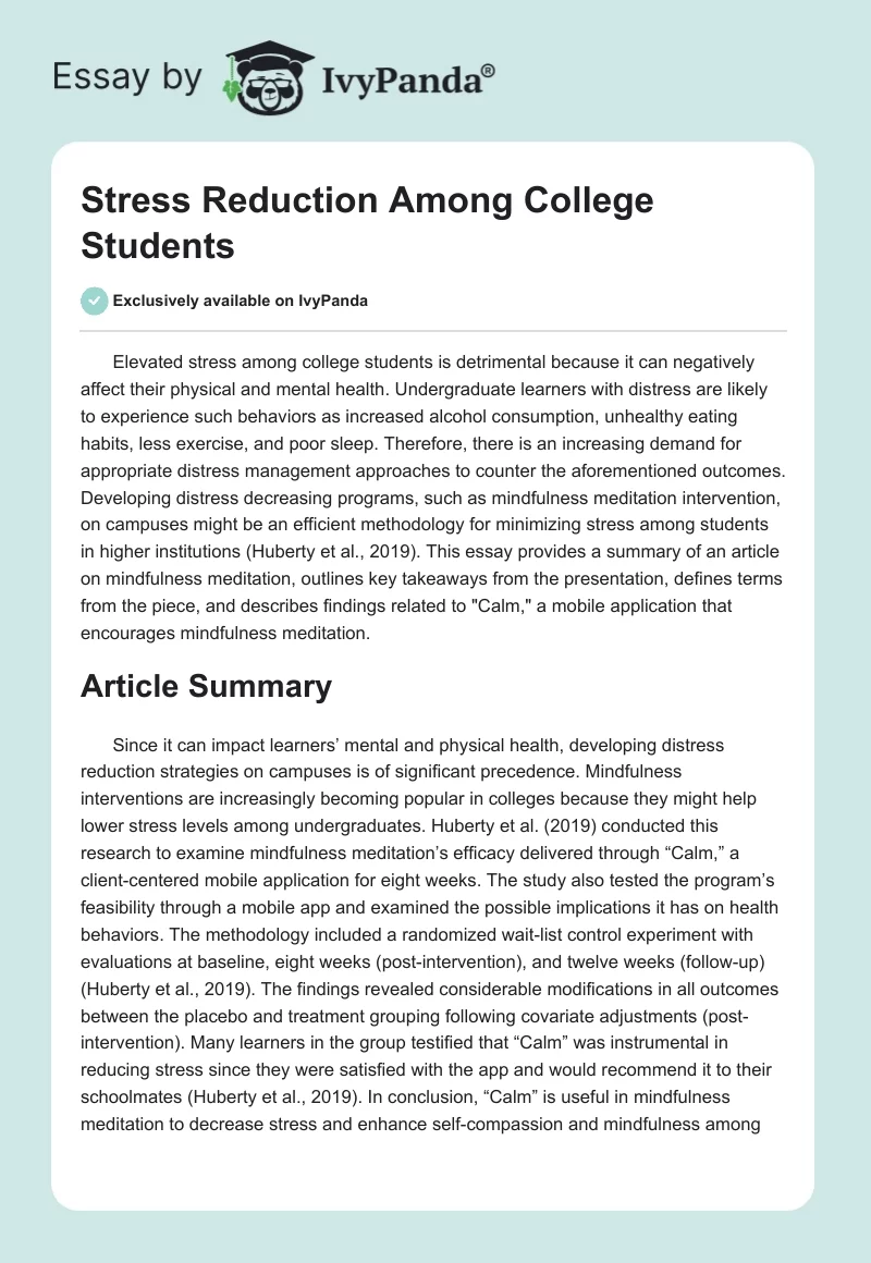Stress Reduction Among College Students. Page 1