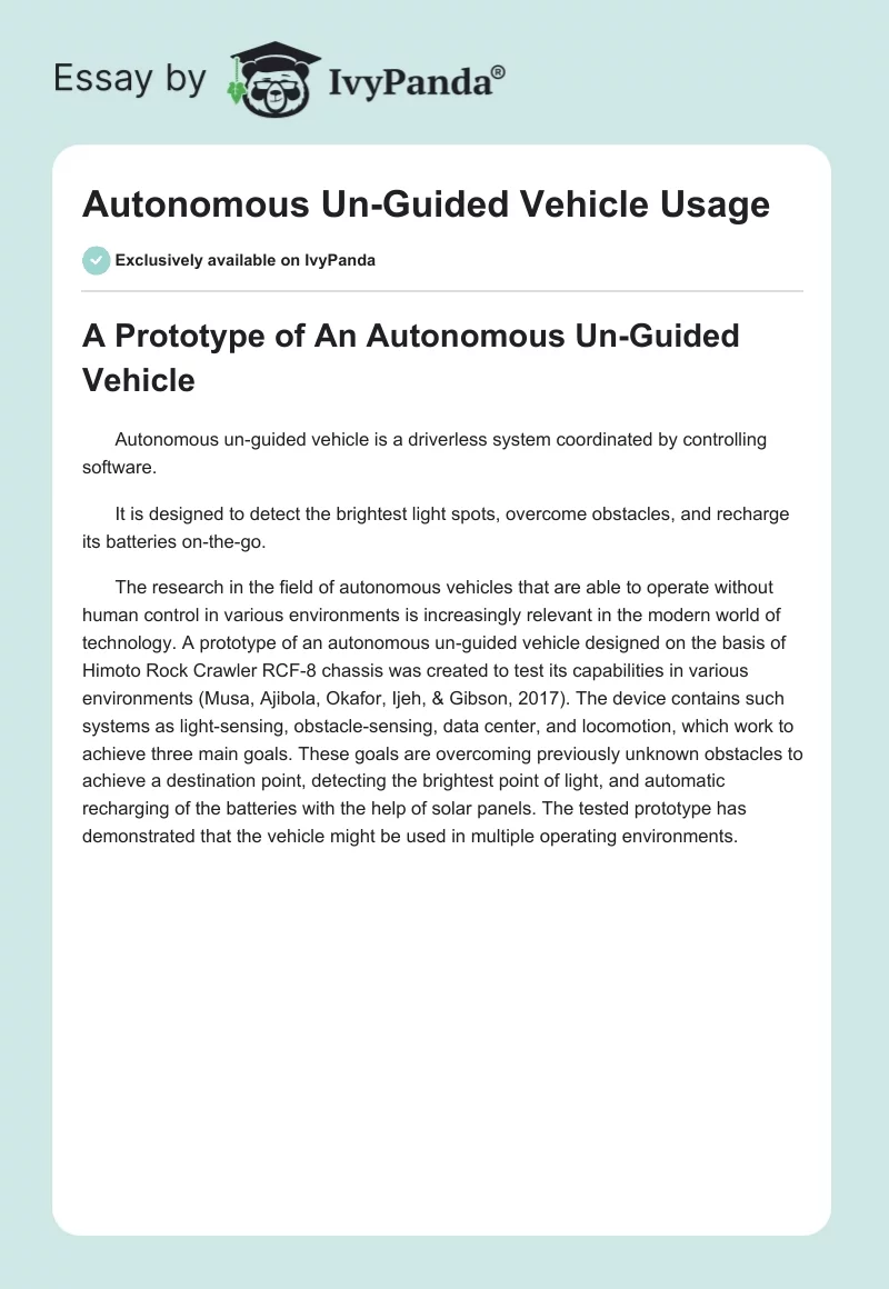 Autonomous Un-Guided Vehicle Usage. Page 1