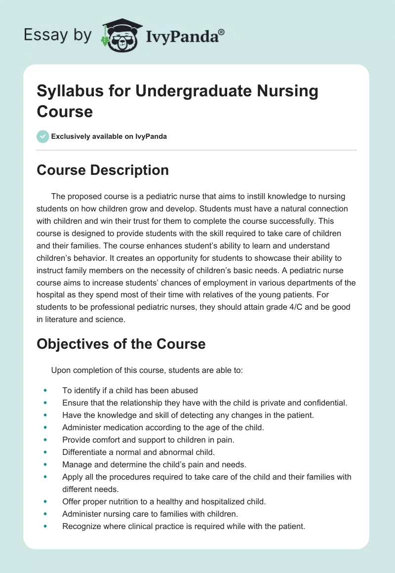 Syllabus for Undergraduate Nursing Course. Page 1
