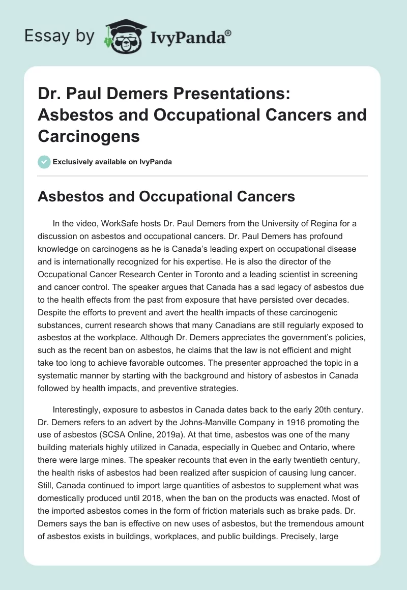 Dr. Paul Demers Presentations: Asbestos and Occupational Cancers and Carcinogens. Page 1
