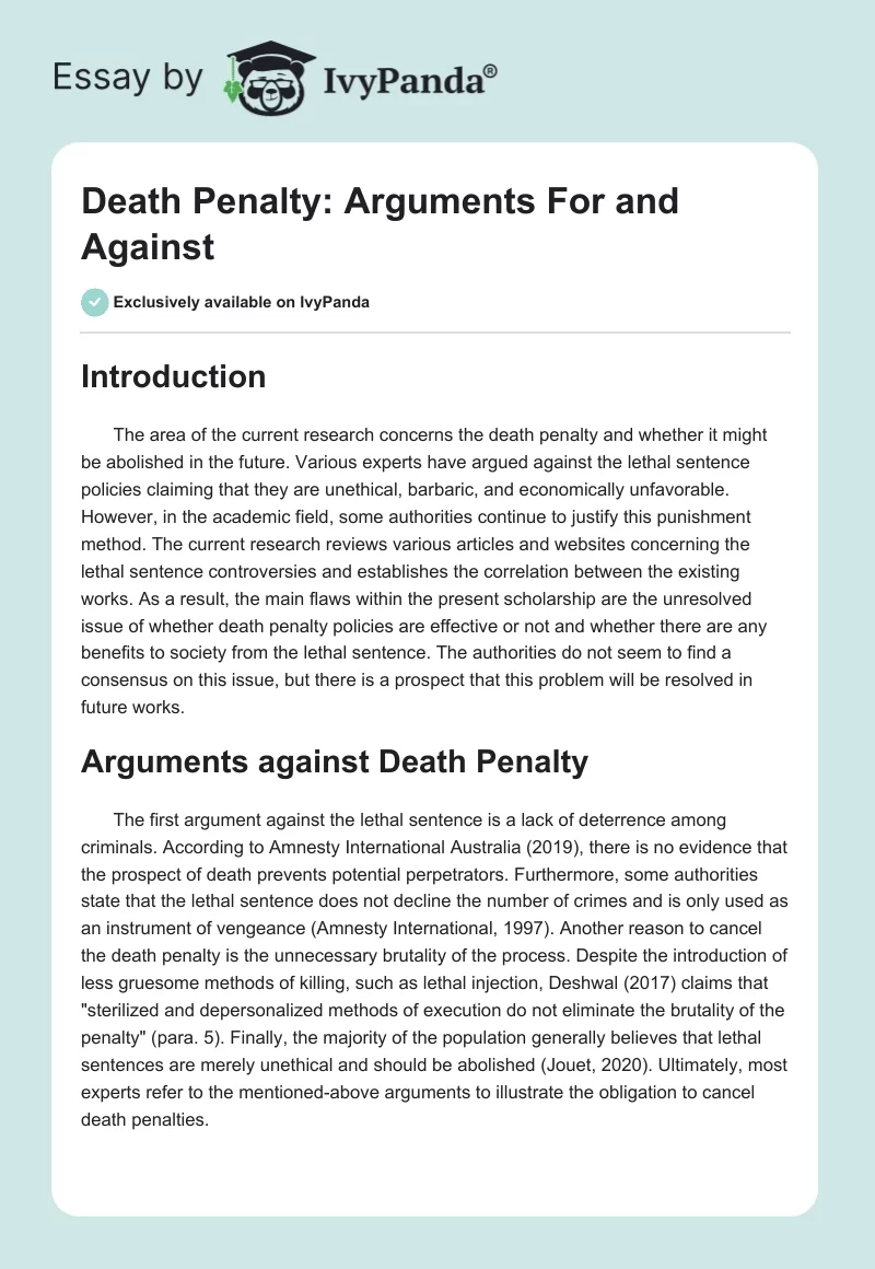 Death Penalty: Arguments For and Against. Page 1