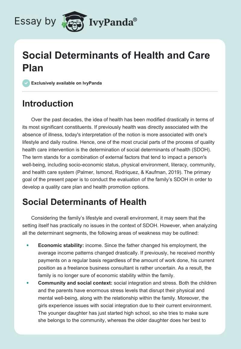 Social Determinants of Health and Care Plan. Page 1