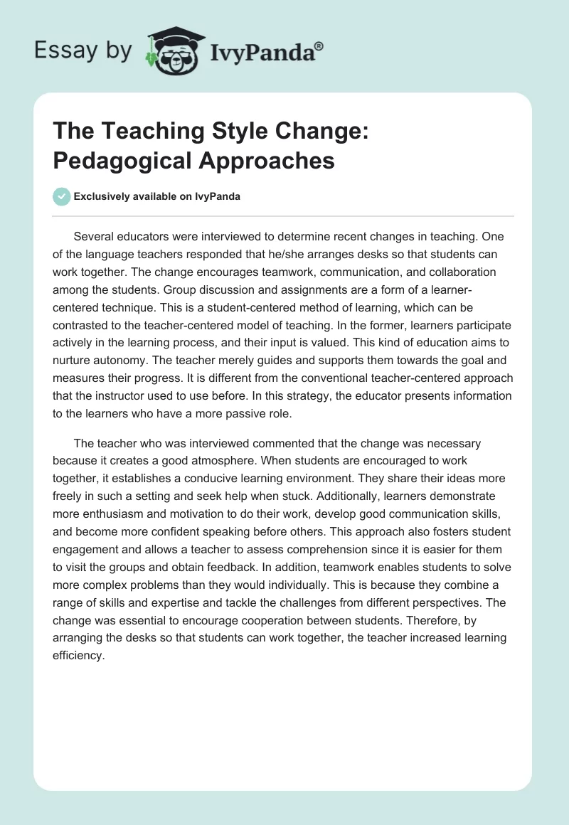 The Teaching Style Change: Pedagogical Approaches. Page 1