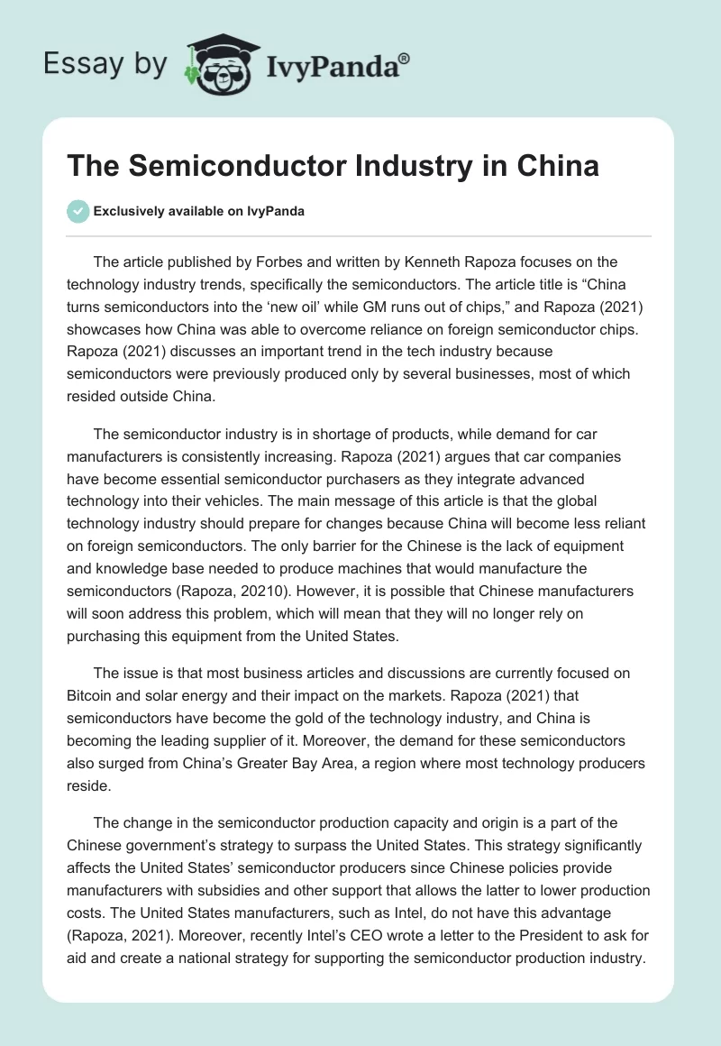 The Semiconductor Industry in China. Page 1