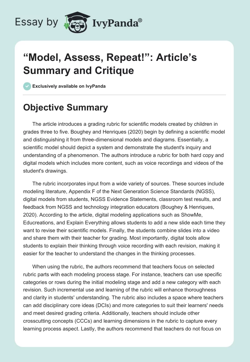 “Model, Assess, Repeat!”: Article’s Summary and Critique. Page 1