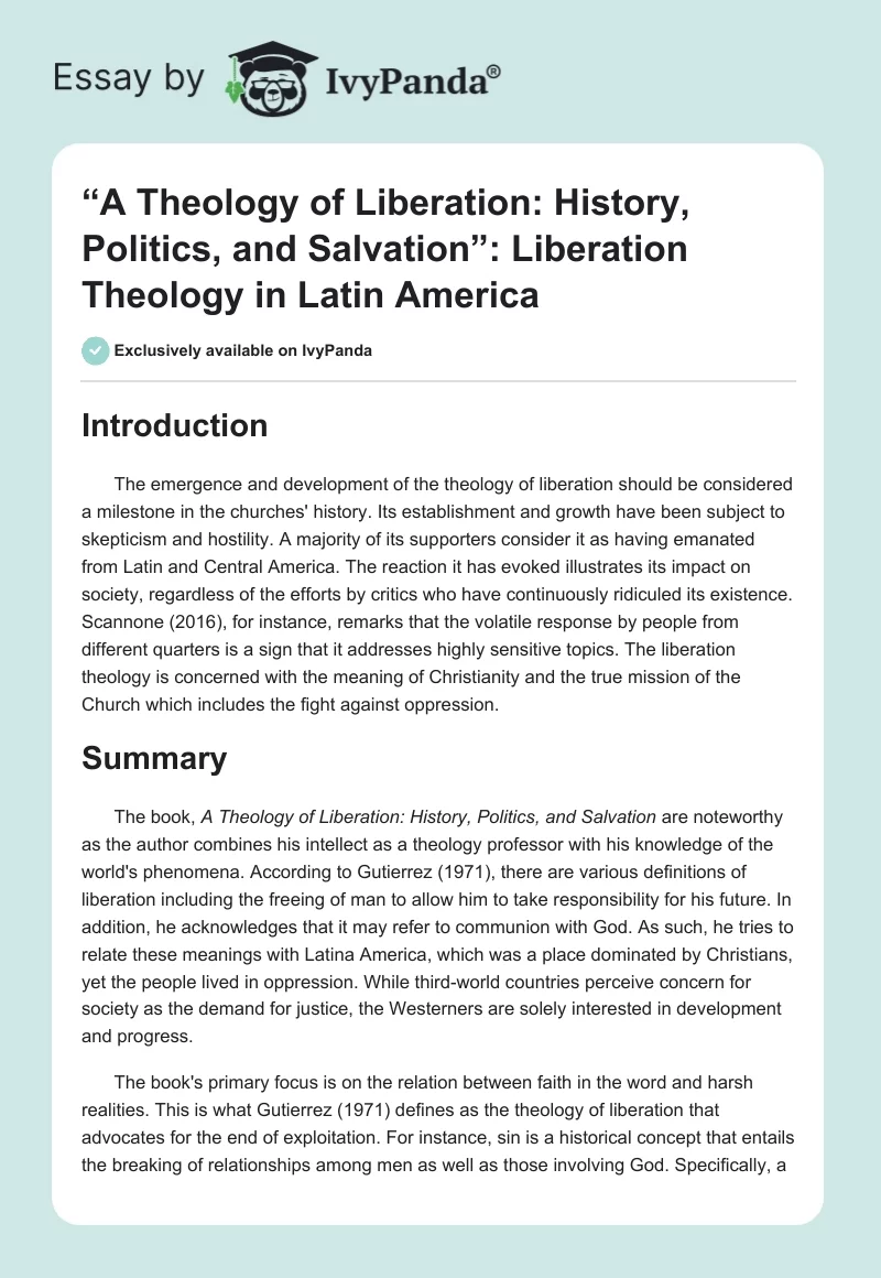 “A Theology of Liberation: History, Politics, and Salvation”: Liberation Theology in Latin America. Page 1