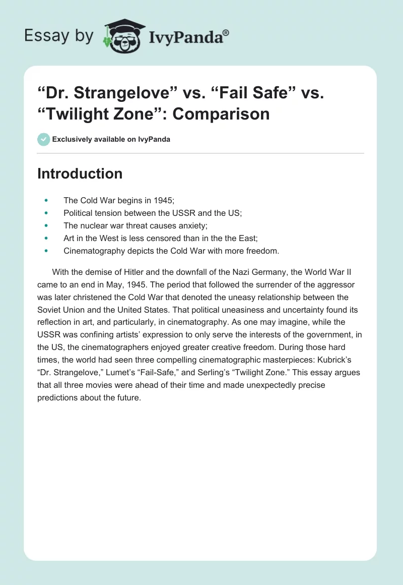 “Dr. Strangelove” vs. “Fail Safe” vs. “Twilight Zone”: Comparison. Page 1