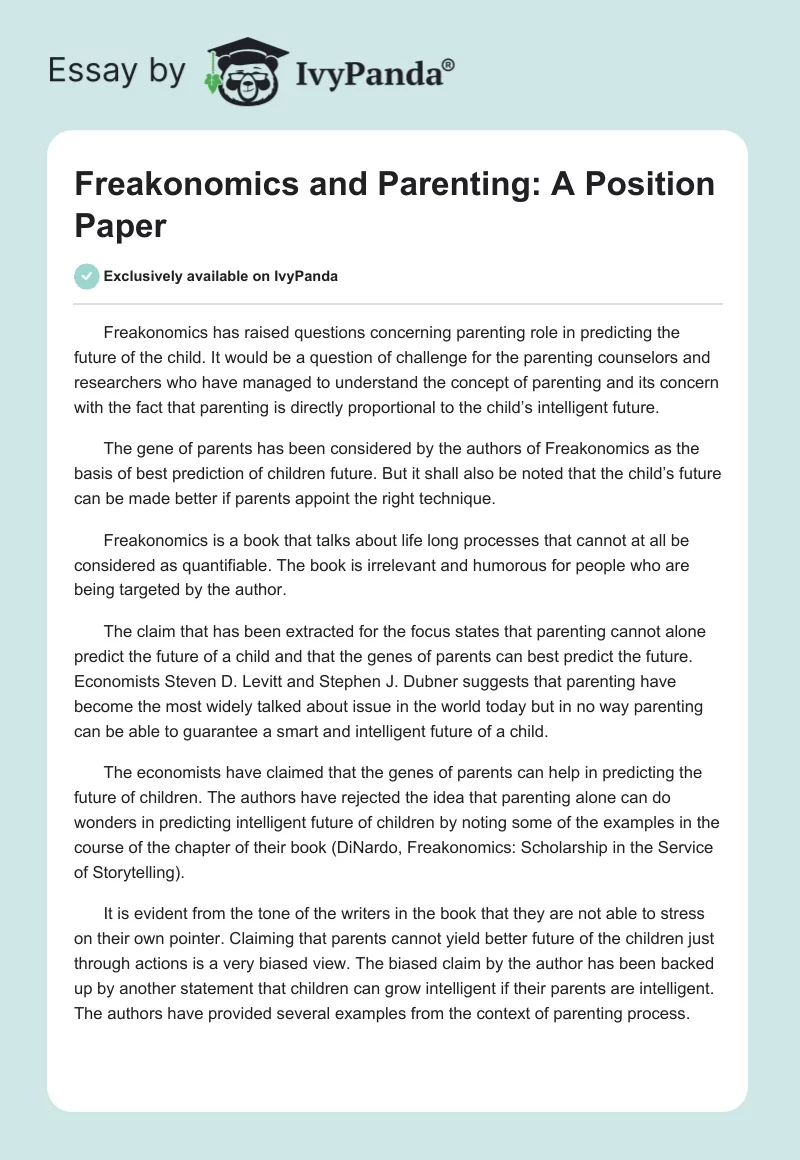 Freakonomics and Parenting: A Position Paper. Page 1