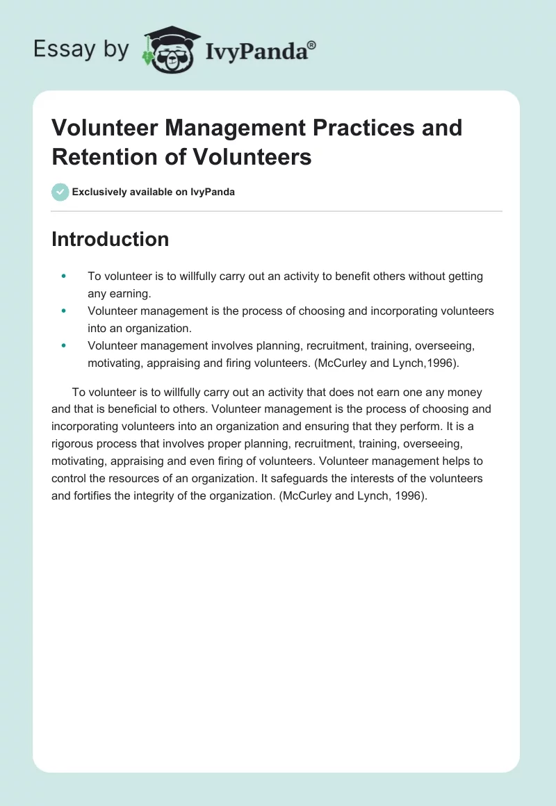 Volunteer Management Practices and Retention of Volunteers. Page 1