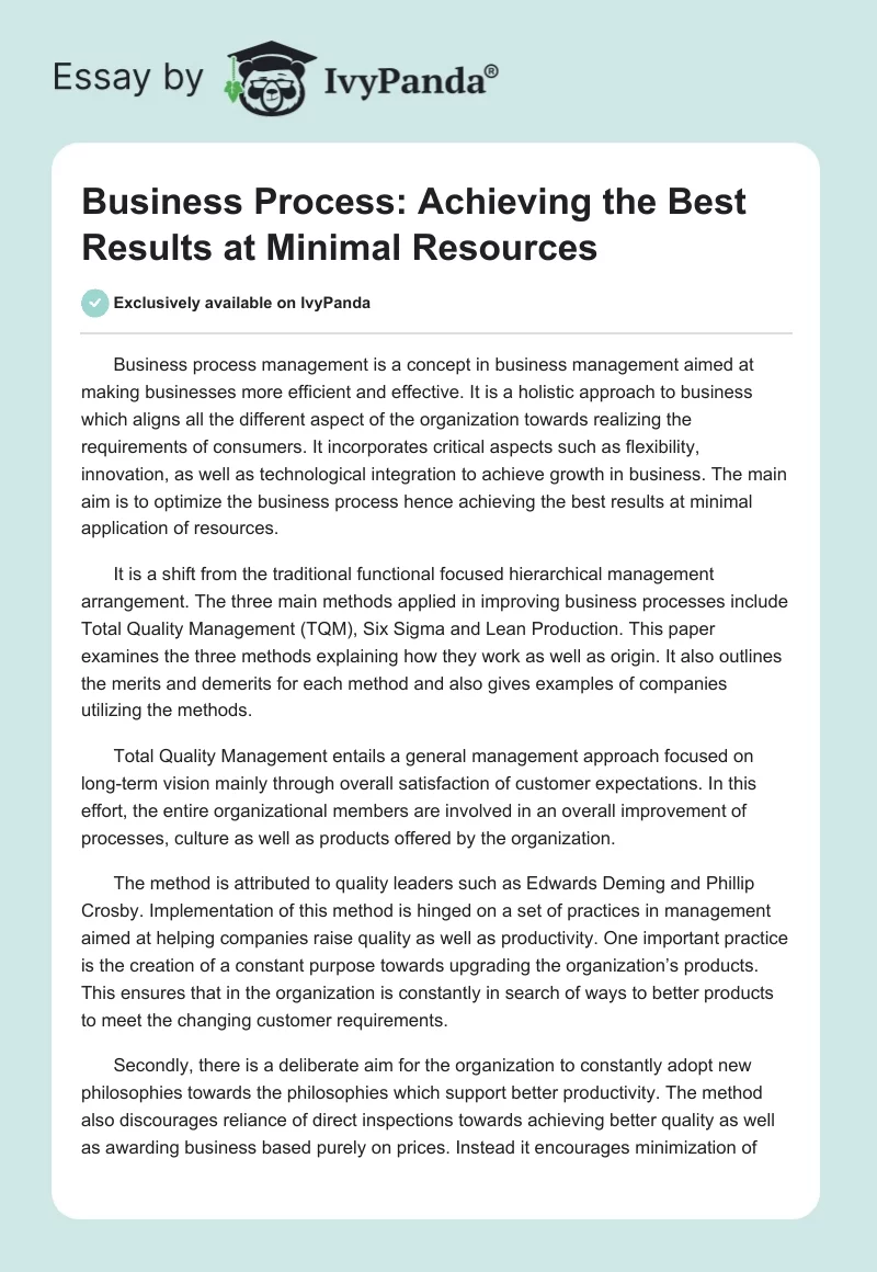Business Process: Achieving the Best Results at Minimal Resources. Page 1