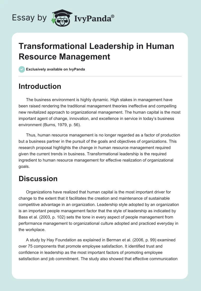Transformational Leadership in Human Resource Management. Page 1