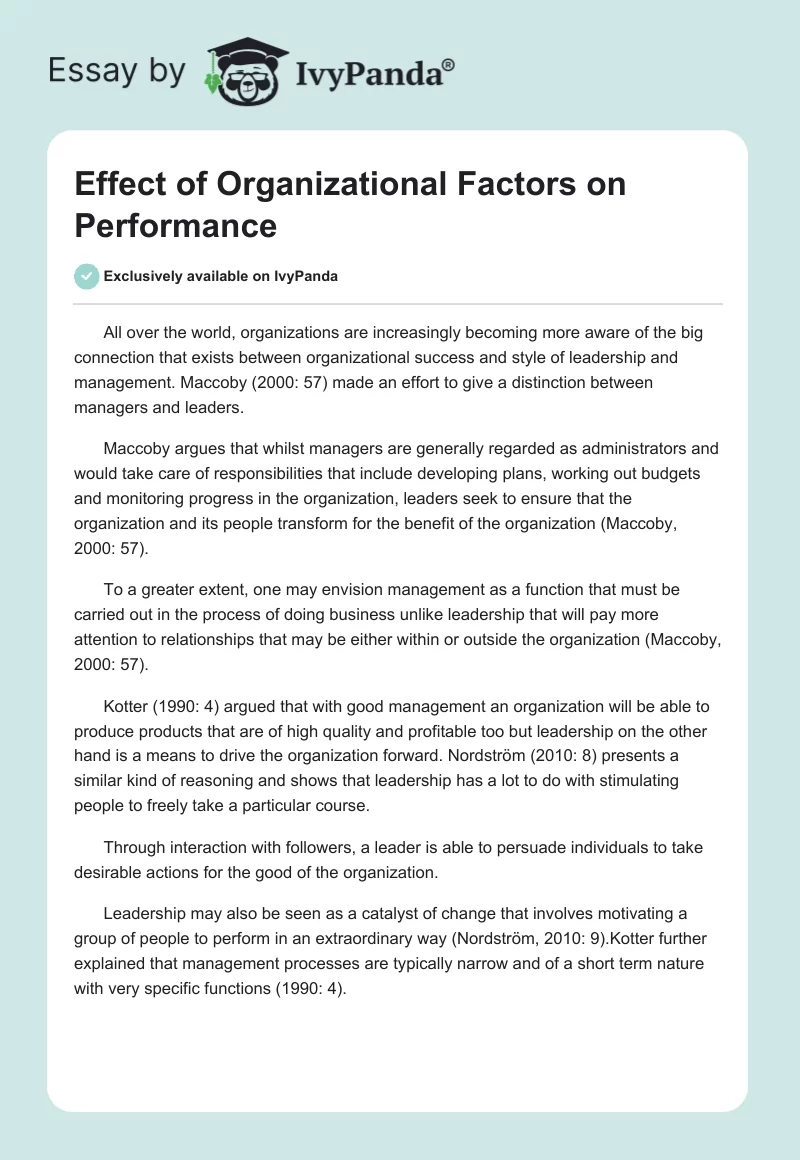 Effect of Organizational Factors on Performance. Page 1