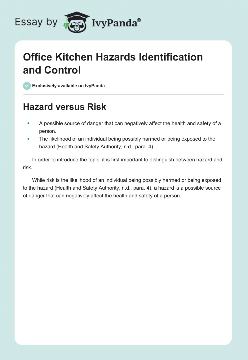 Office Kitchen Hazards Identification and Control. Page 1