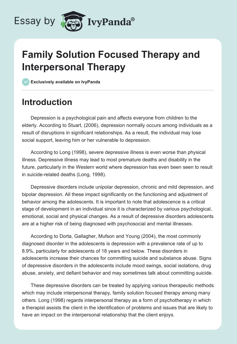 Family Solution Focused Therapy and Interpersonal Therapy. Page 1