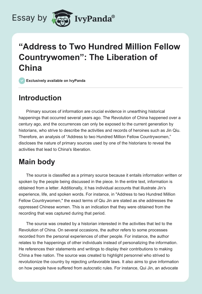 “Address to Two Hundred Million Fellow Countrywomen”: The Liberation of China. Page 1