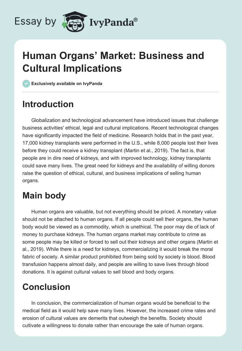 Human Organs’ Market: Business and Cultural Implications. Page 1