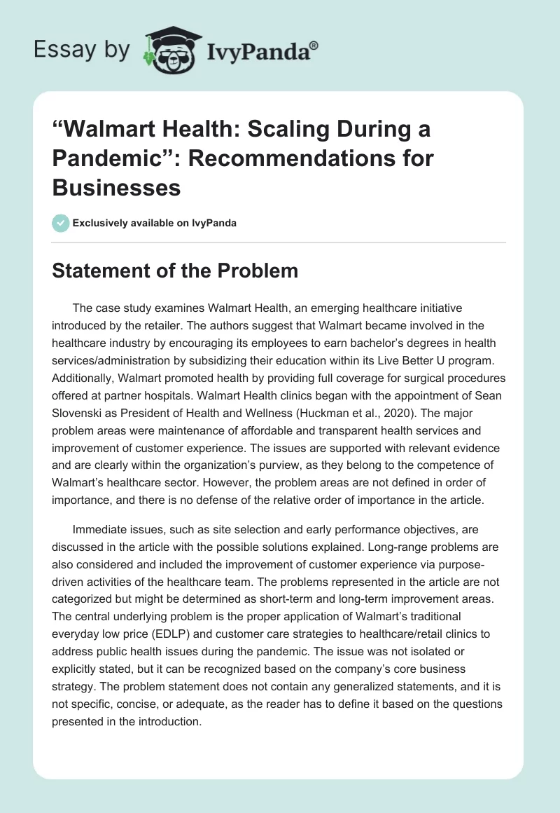 “Walmart Health: Scaling During a Pandemic”: Recommendations for Businesses. Page 1