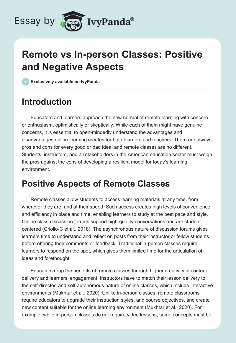 Remote vs In-person Classes: Positive and Negative Aspects. Page 1
