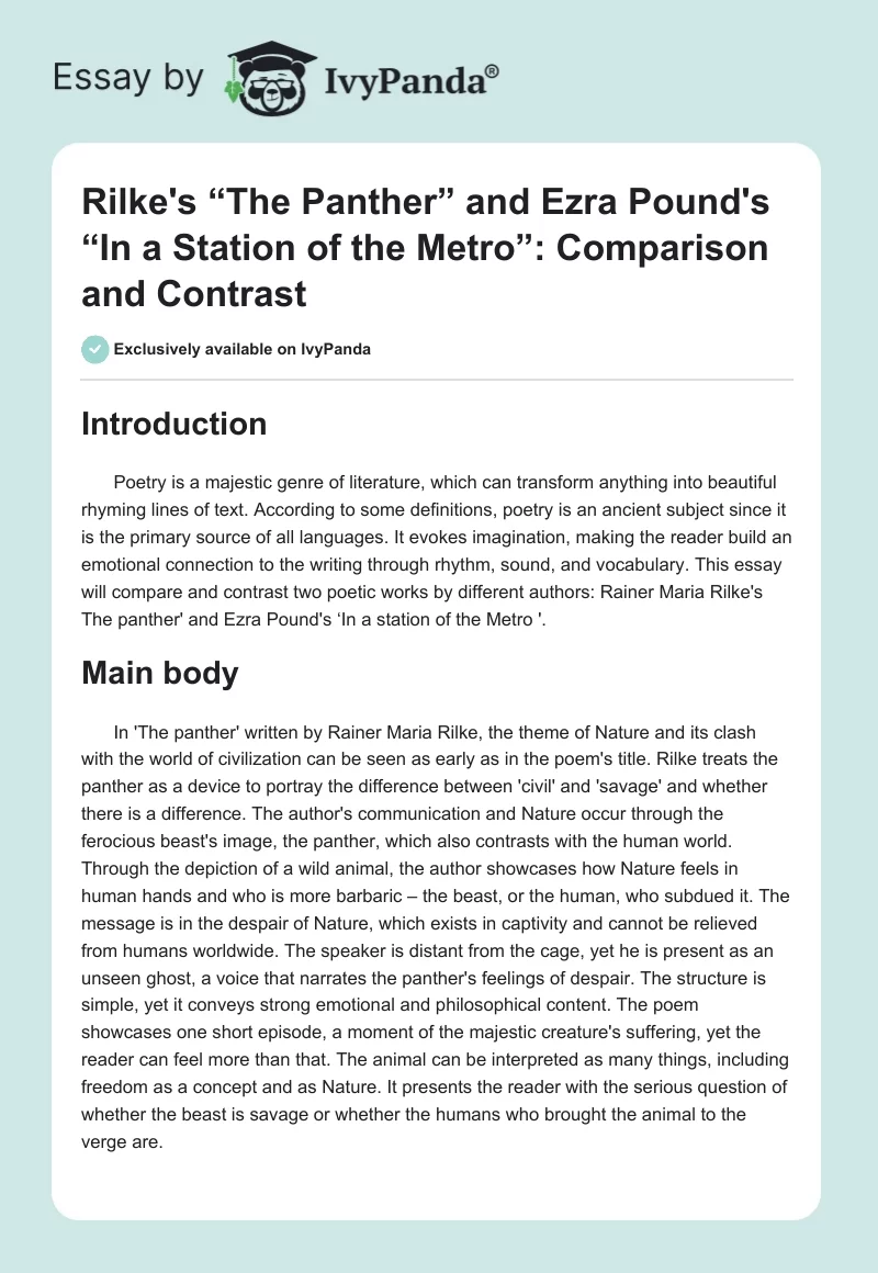 Rilke's “The Panther” and Ezra Pound's “In a Station of the Metro”: Comparison and Contrast. Page 1