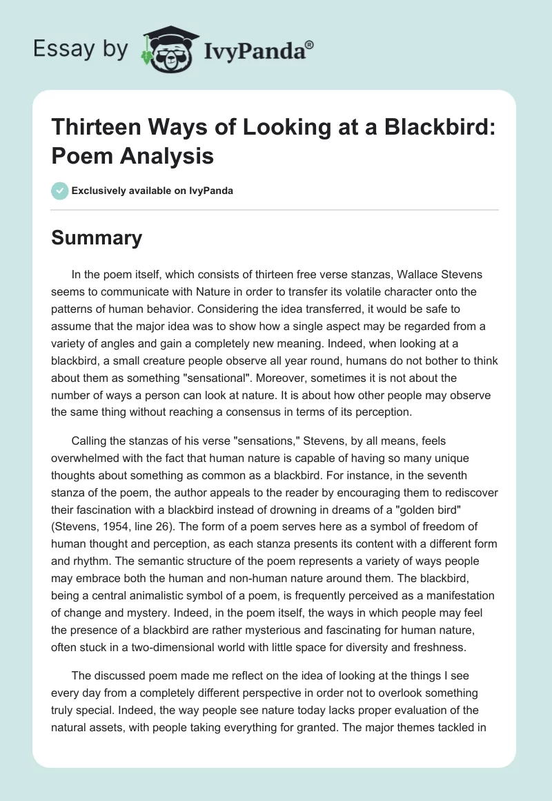 Thirteen Ways of Looking at a Blackbird: Poem Analysis. Page 1