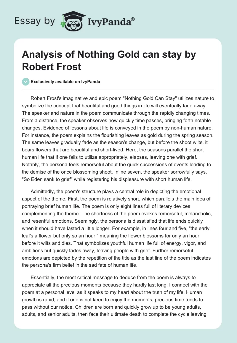 Analysis of "Nothing Gold can stay" by Robert Frost. Page 1