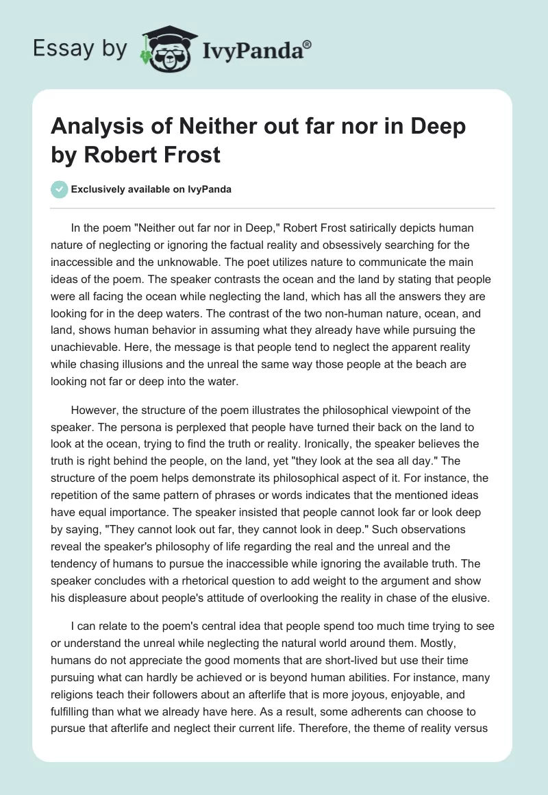 Analysis of "Neither out far nor in Deep" by Robert Frost. Page 1