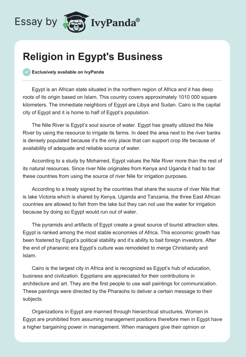 Religion in Egypt's Business. Page 1