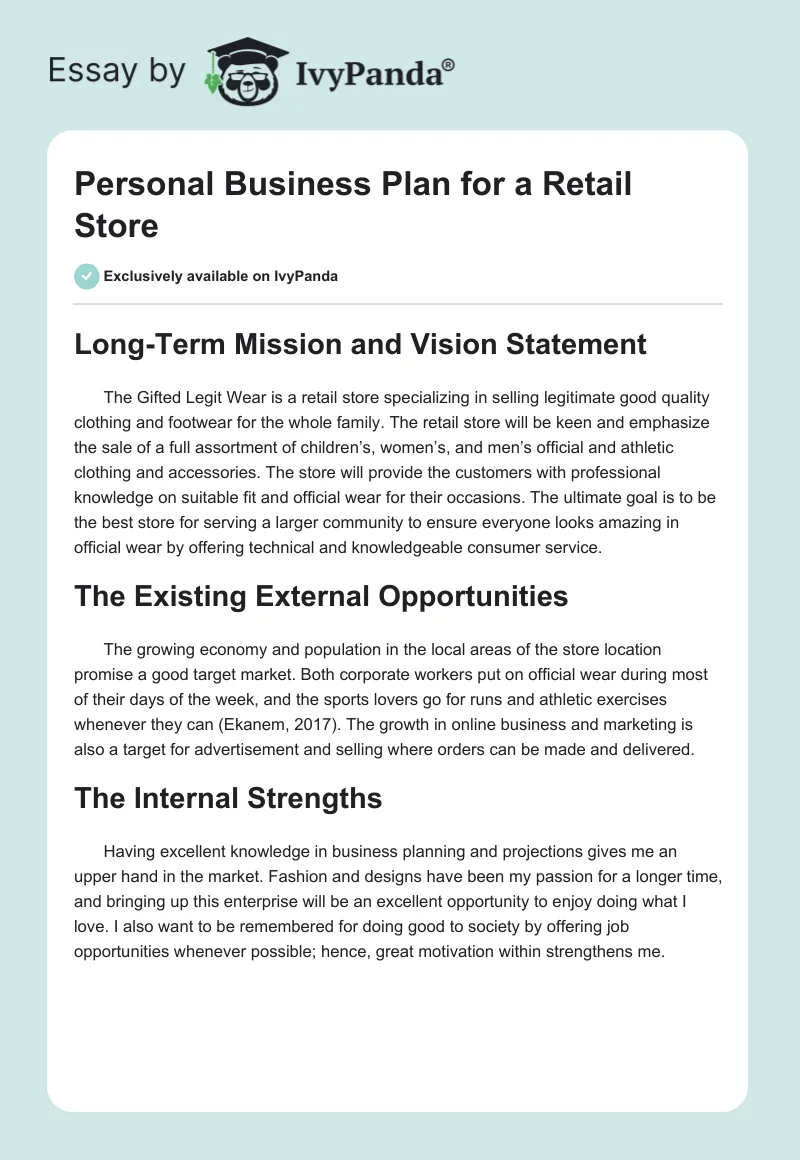 Personal Business Plan for a Retail Store. Page 1