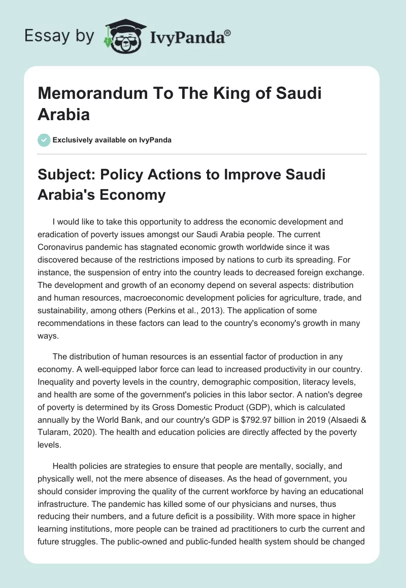 Memorandum To The King of Saudi Arabia. Page 1