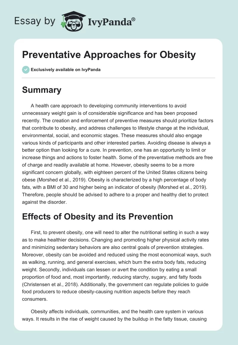 Preventative Approaches for Obesity. Page 1