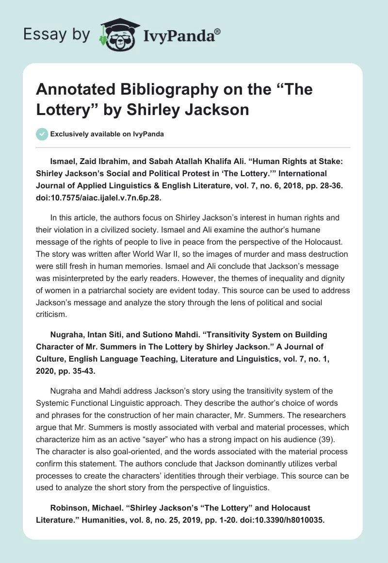 Annotated Bibliography on the “The Lottery” by Shirley Jackson. Page 1