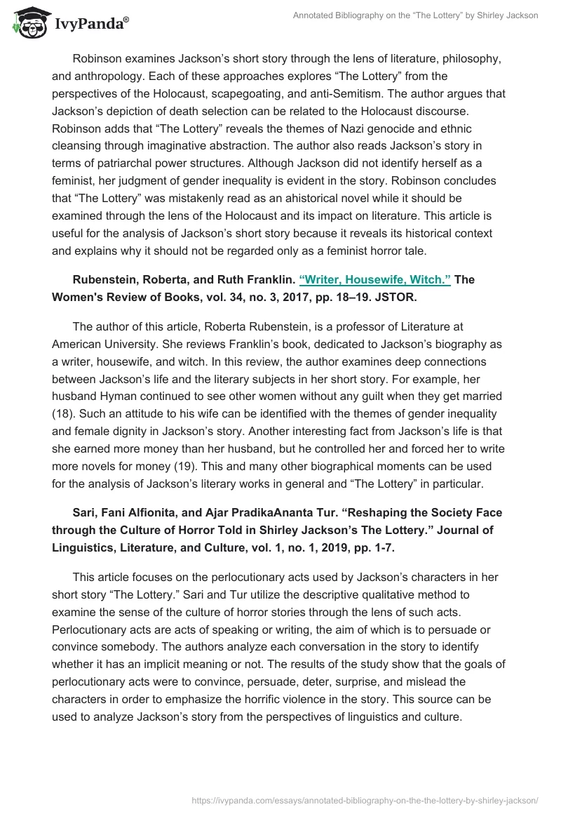 Annotated Bibliography on the “The Lottery” by Shirley Jackson. Page 2