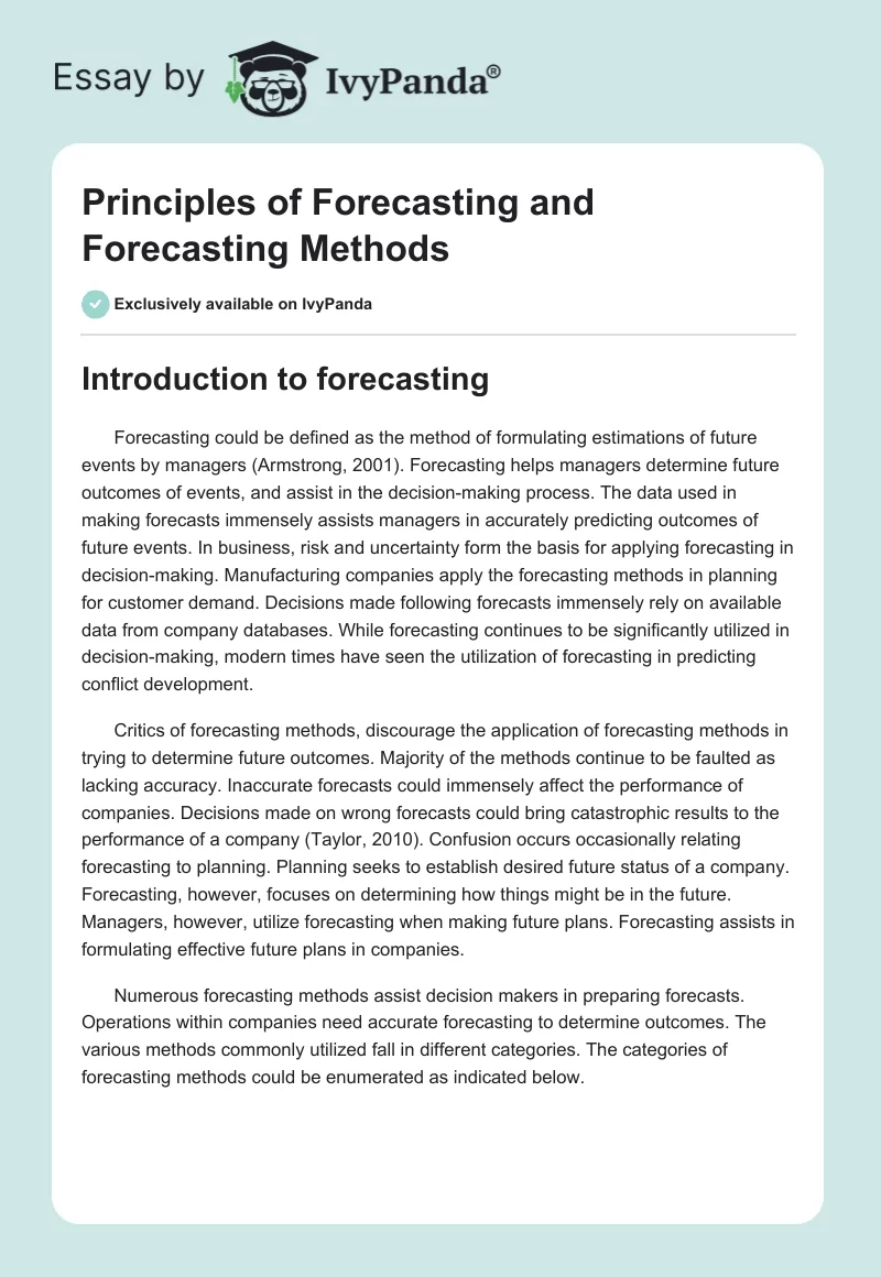 Principles of Forecasting and Forecasting Methods. Page 1