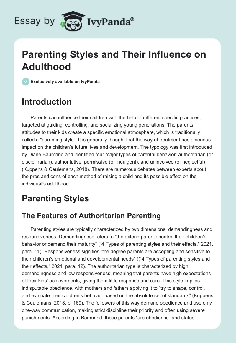Parenting Styles and Their Influence on Adulthood. Page 1