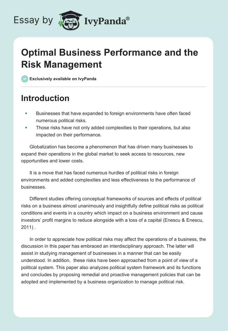 Optimal Business Performance and the Risk Management. Page 1