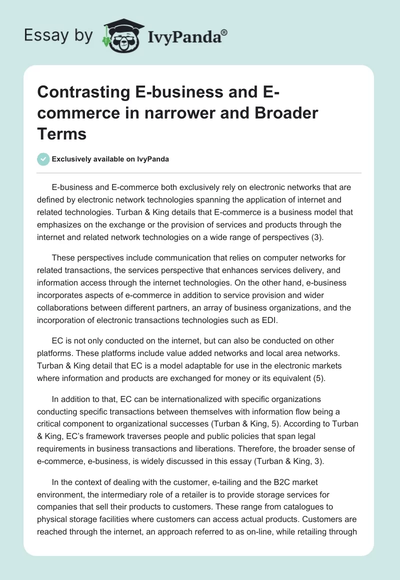 Contrasting E-Business and E-Commerce in Narrower and Broader Terms. Page 1