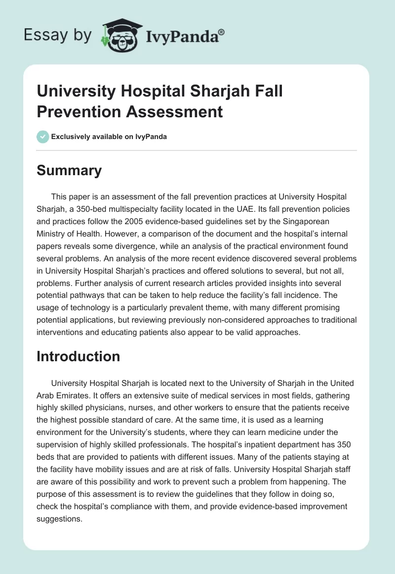 University Hospital Sharjah Fall Prevention Assessment. Page 1