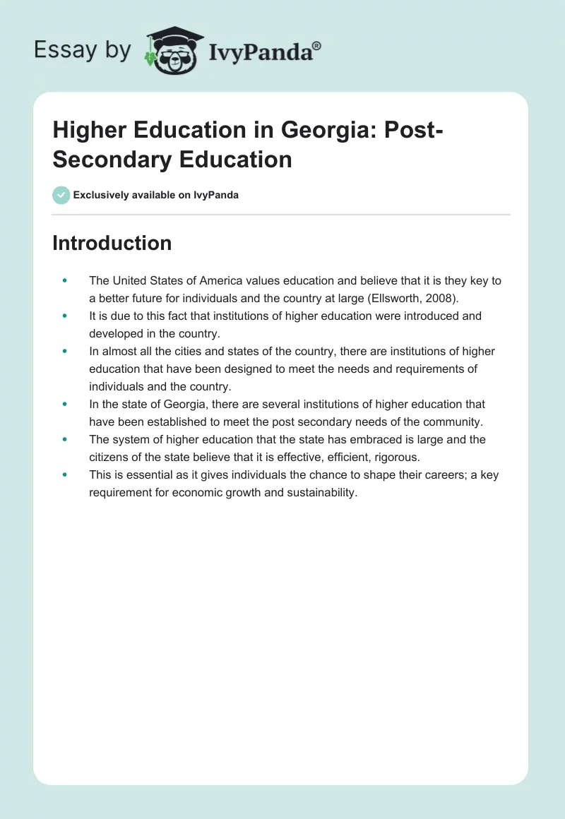 Higher Education in Georgia: Post-Secondary Education. Page 1