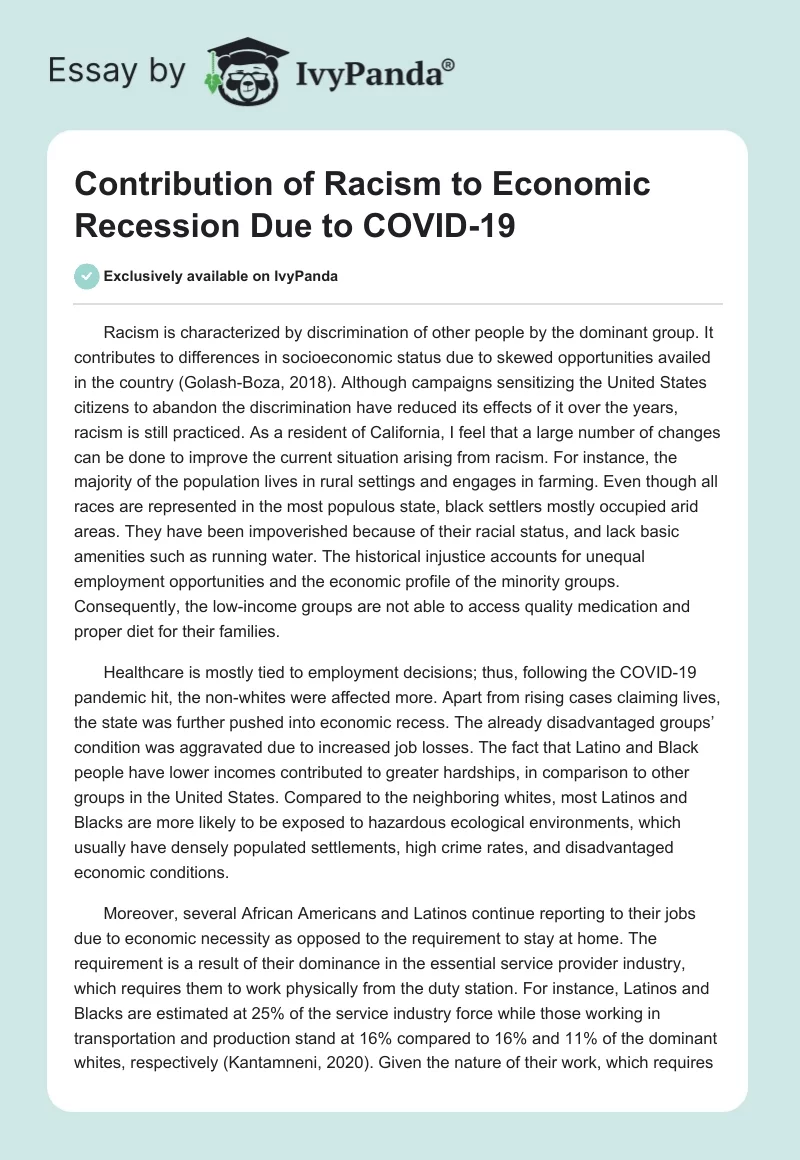 Contribution of Racism to Economic Recession Due to COVID-19. Page 1